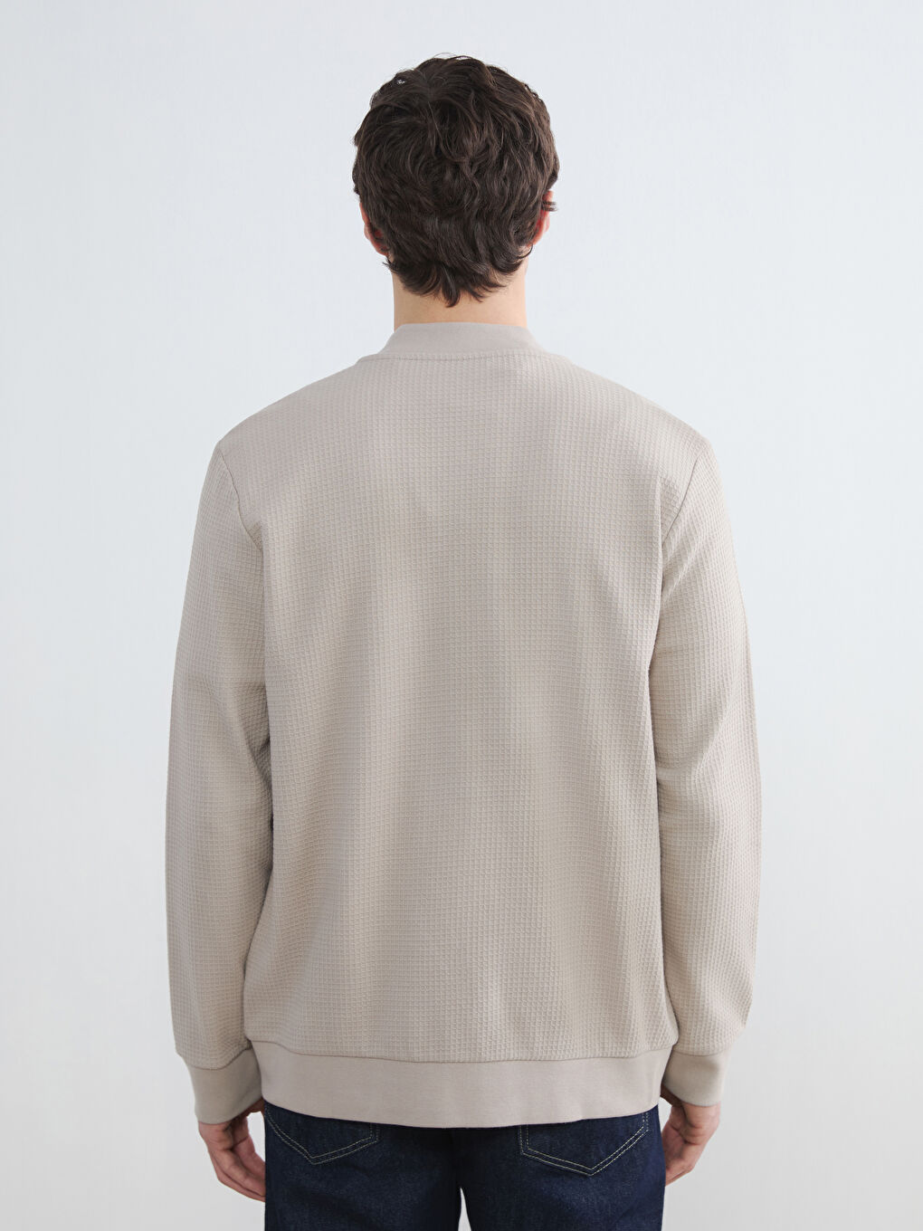 Bej Kolej Yaka Erkek Fermuarlı Sweatshirt-4