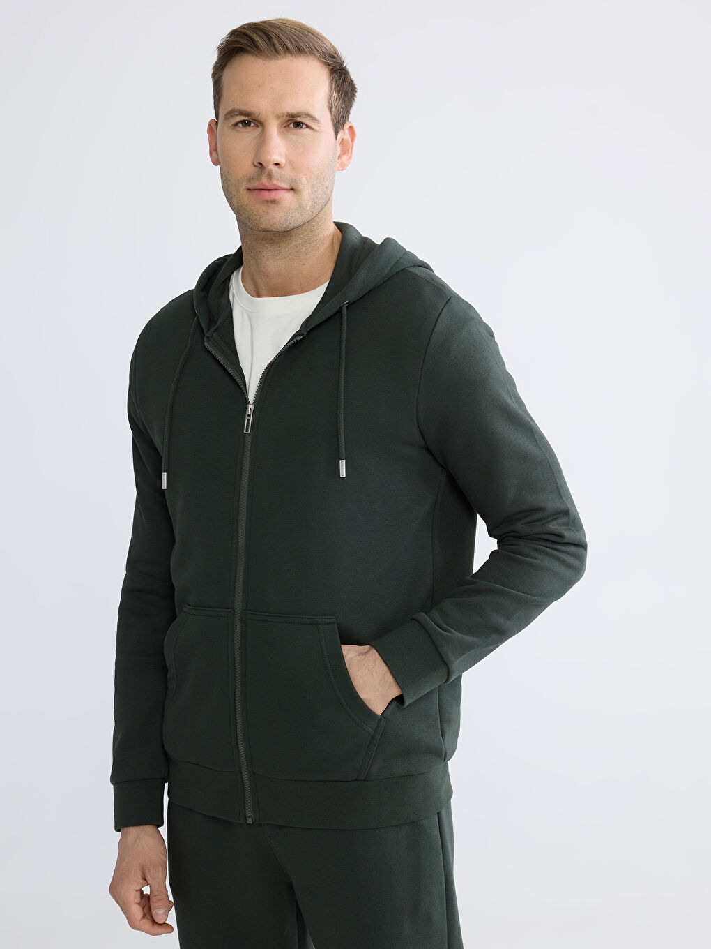 Yeşil Standart Kalıp Kapüşonlu Erkek Fermuarlı Sweatshirt