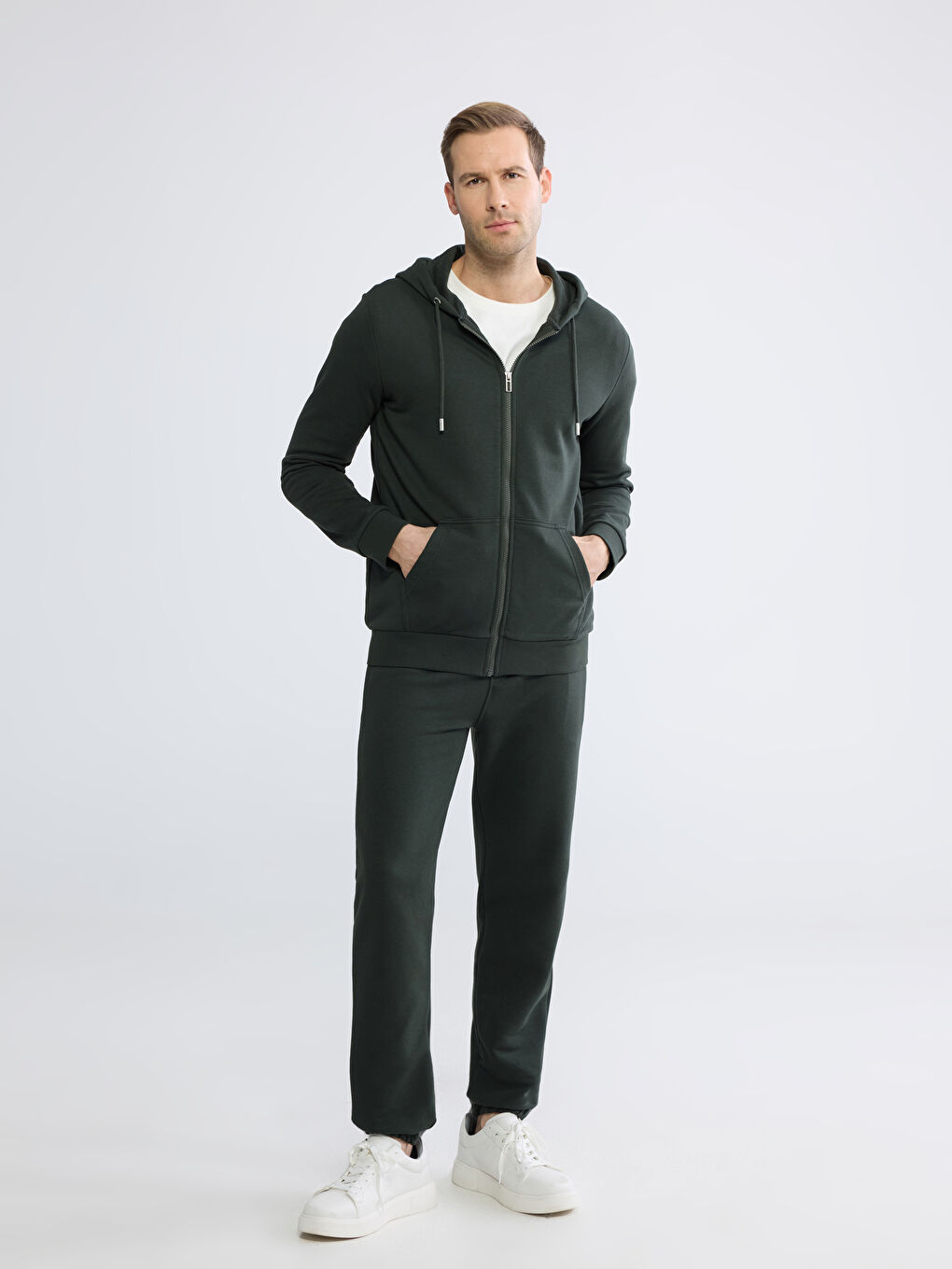 Yeşil Standart Kalıp Kapüşonlu Erkek Fermuarlı Sweatshirt-1