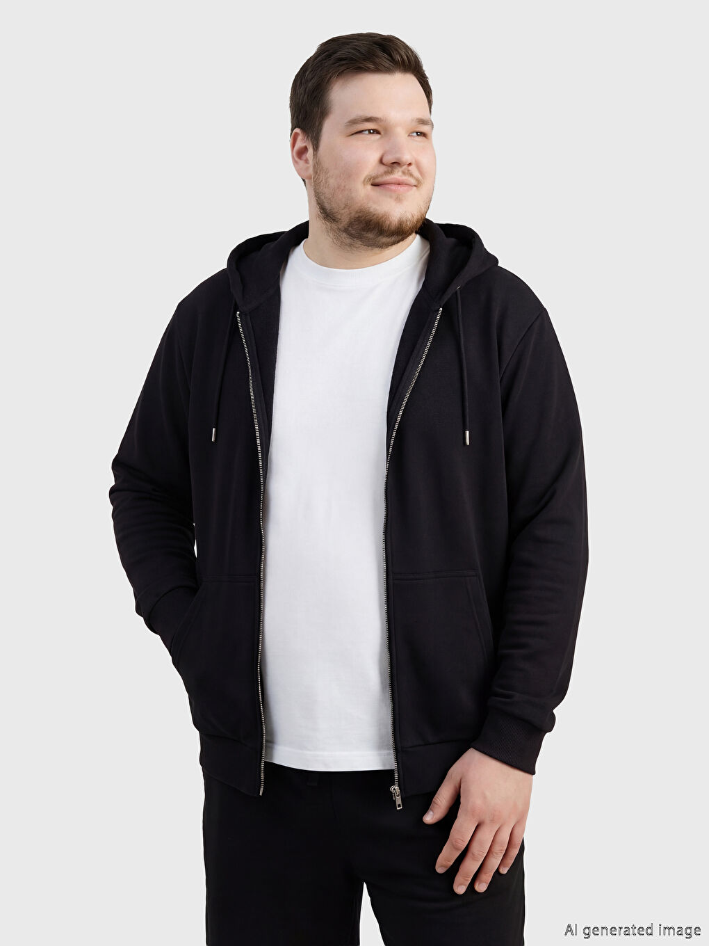 Siyah Standart Kalıp Kapüşonlu Erkek Fermuarlı Sweatshirt-2
