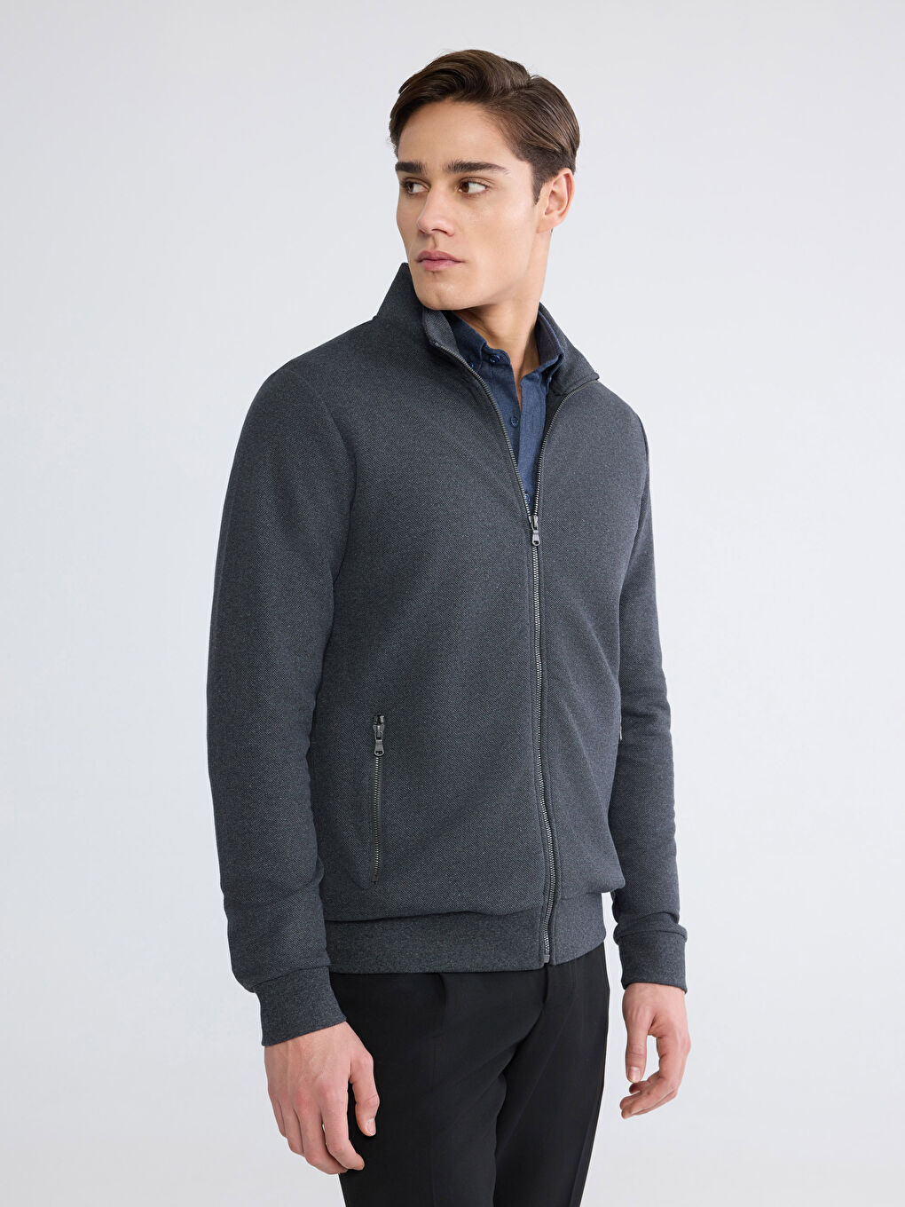 Antrasit Standart Kalıp Dik Yaka Erkek Fermuarlı Sweatshirt