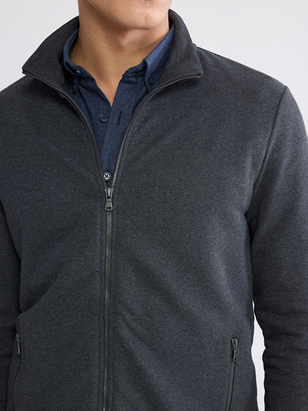 Antrasit Standart Kalıp Dik Yaka Erkek Fermuarlı Sweatshirt-2