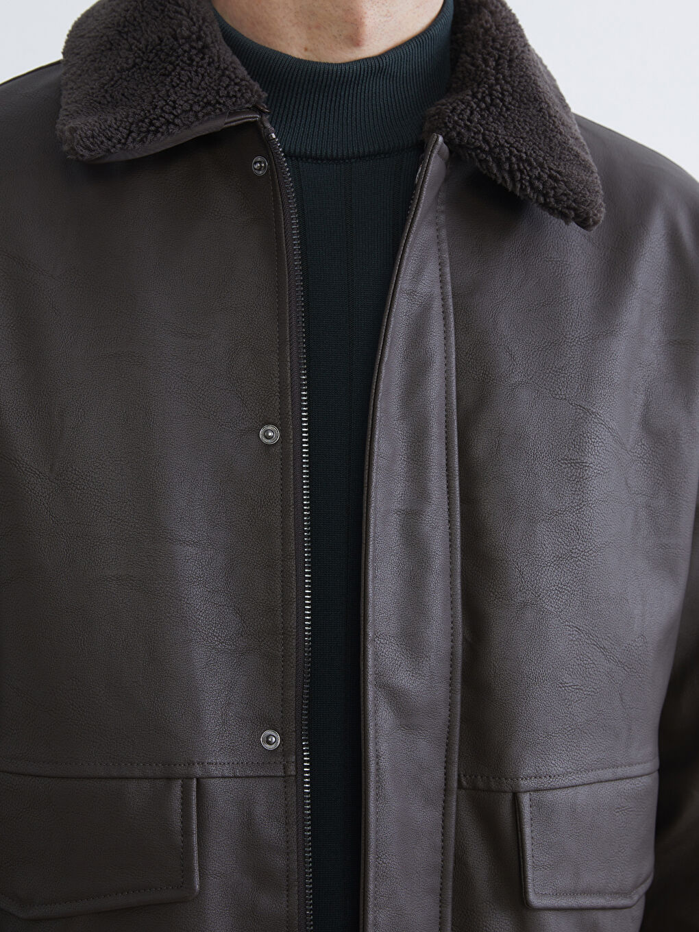 Kahverengi Standart Kalıp Kürk Yaka Erkek Deri Görünümlü Mont-2