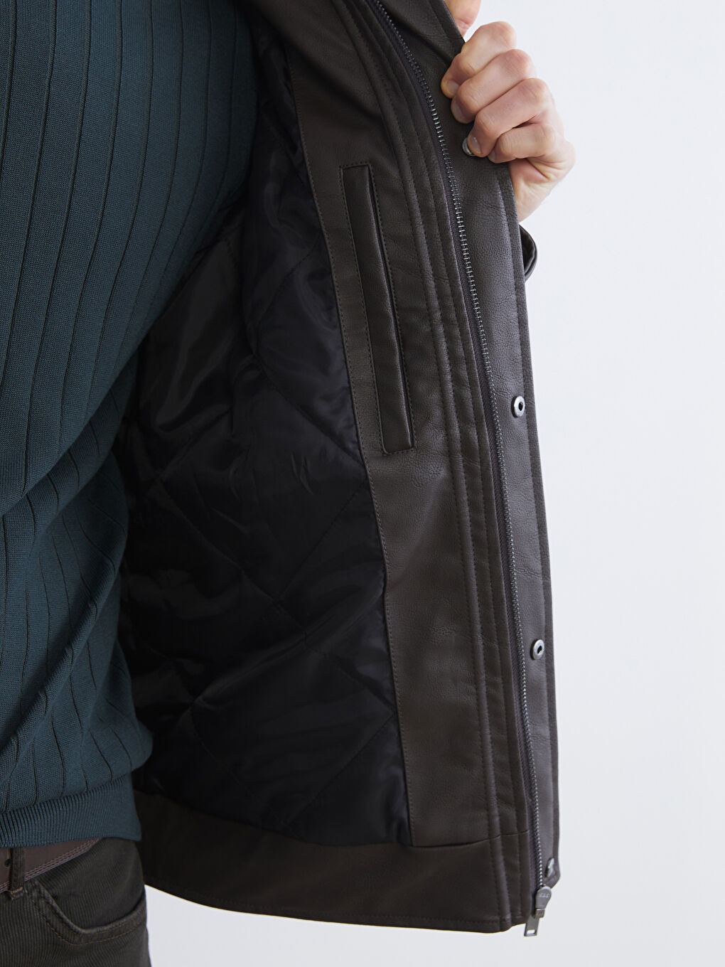 Kahverengi Standart Kalıp Kürk Yaka Erkek Deri Görünümlü Mont-3