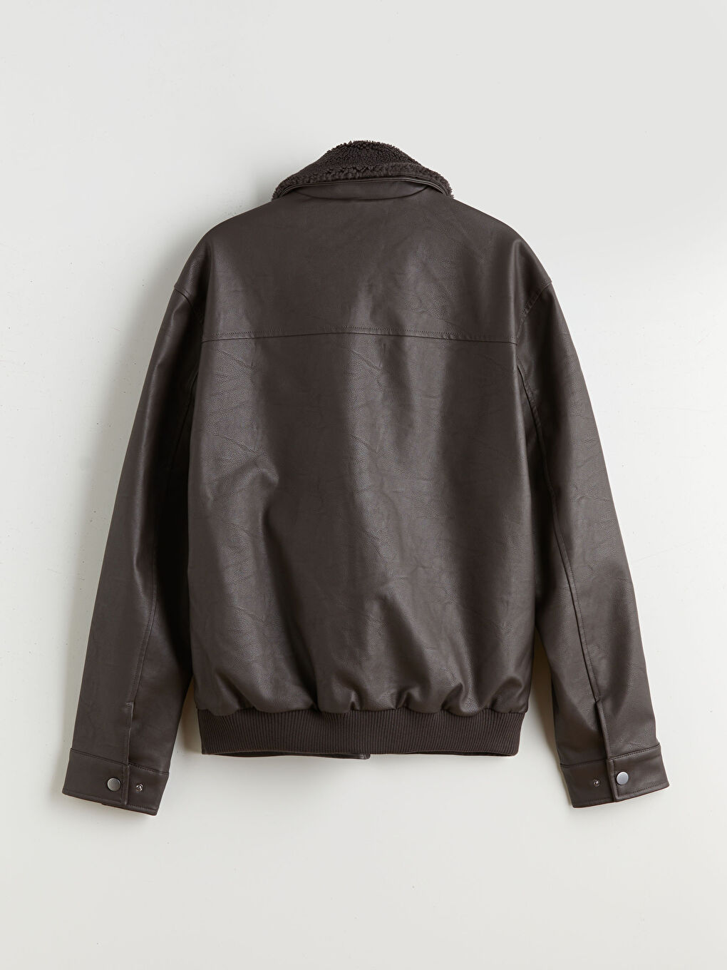 Kahverengi Standart Kalıp Kürk Yaka Erkek Deri Görünümlü Mont-6