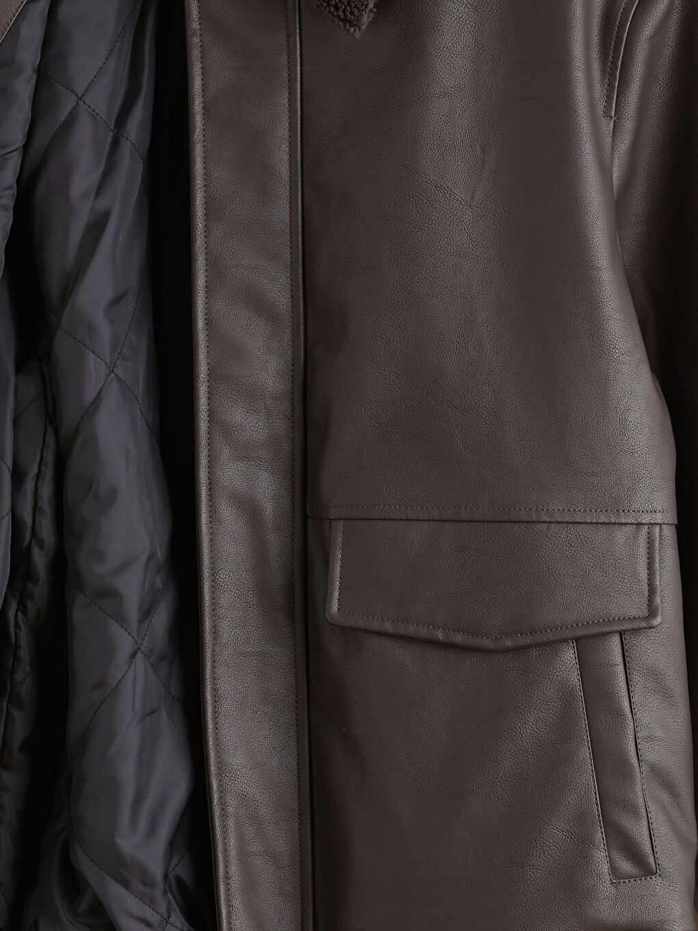 Kahverengi Standart Kalıp Kürk Yaka Erkek Deri Görünümlü Mont-7