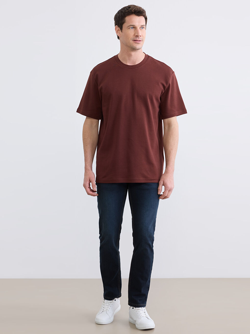 Kahverengi Bisiklet Yaka Erkek Tişört-1