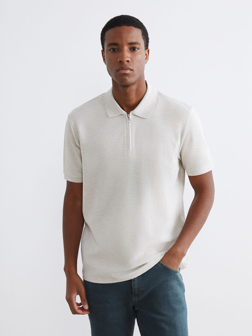 Bej Polo Yaka Erkek Penye Tişört