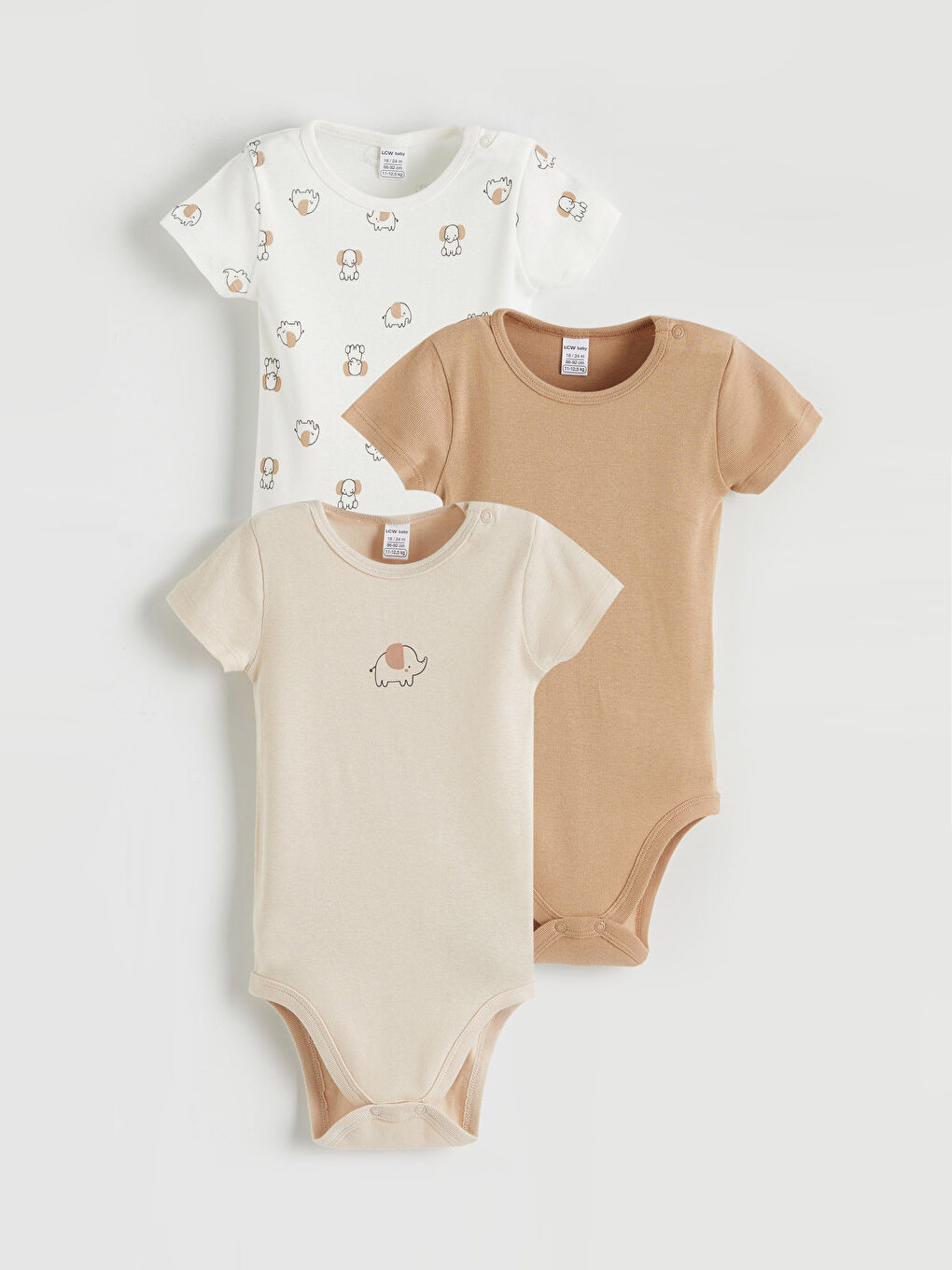 Ekru Fil Baskılı Erkek Bebek Çıtçıtlı Body 3'lü