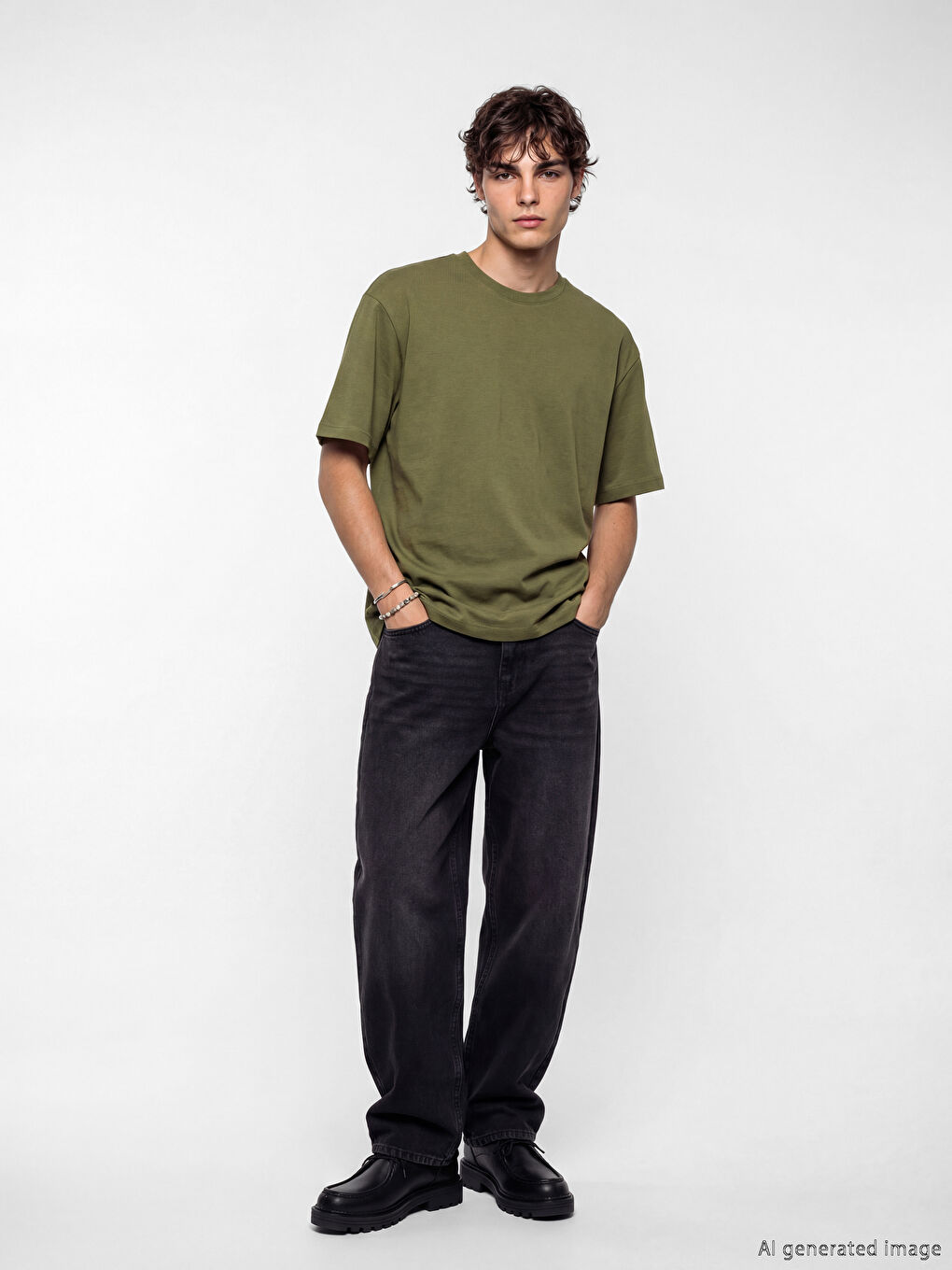 Haki Loose Fit Basic Kalın  Tişört-1