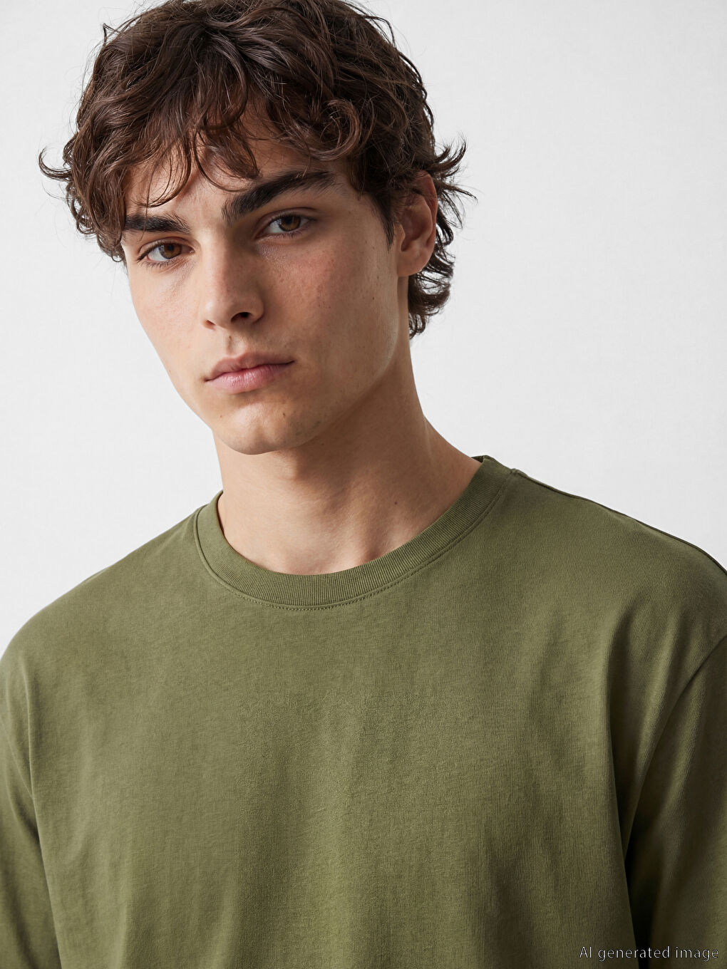 Haki Loose Fit Basic Kalın  Tişört-2