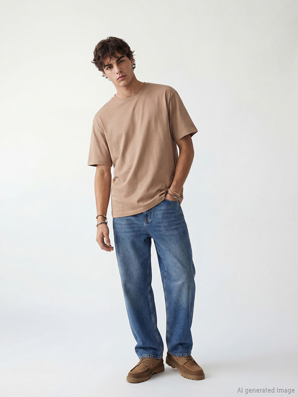 Kahverengi Loose Fit Basic Kalın  Tişört-1