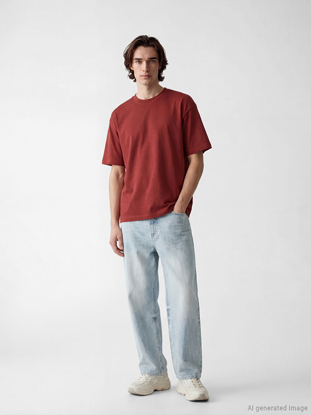 Kırmızı %100 Pamuk Boxy Fit Basic Kalın Tişört-1