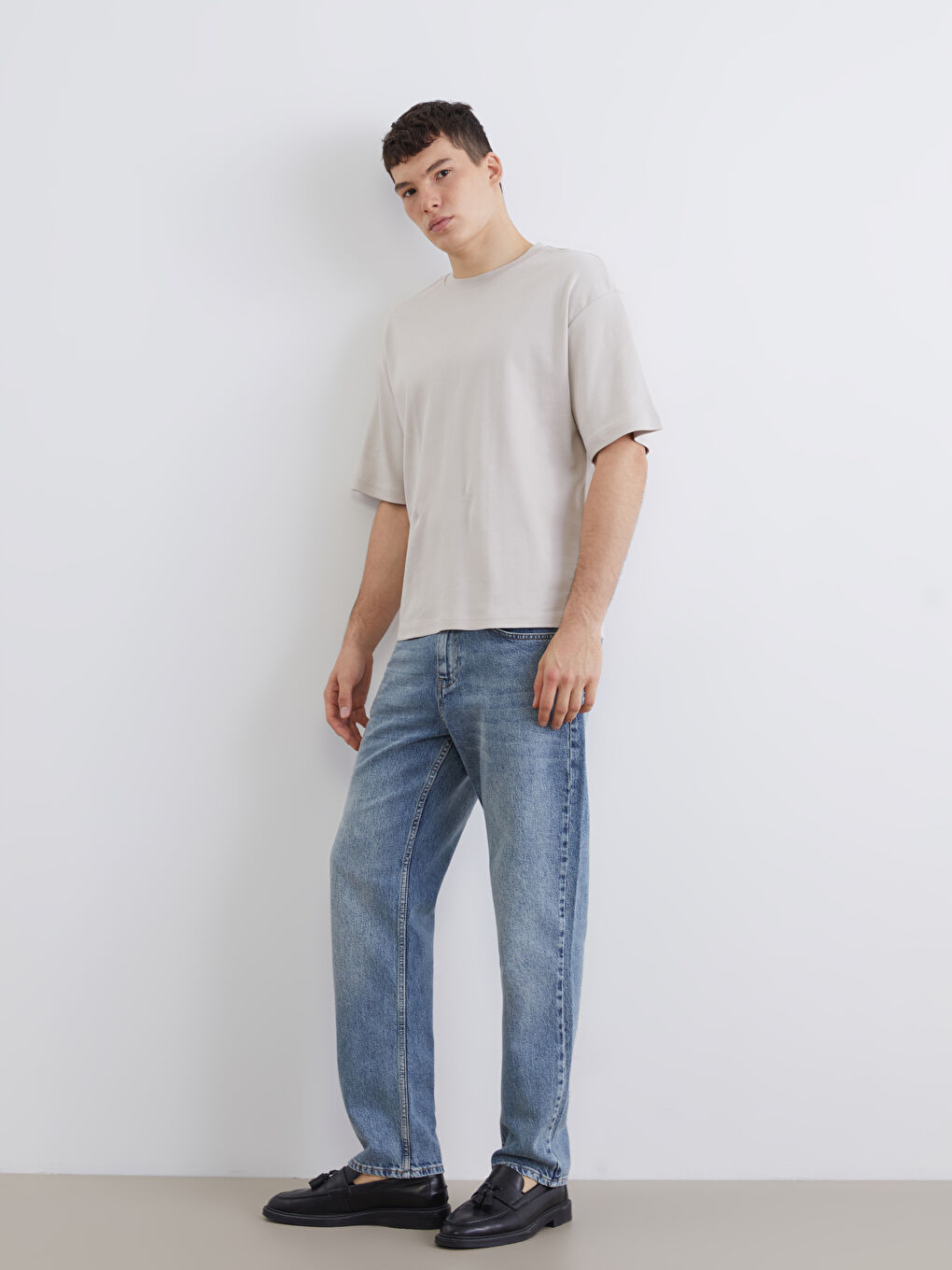 Bej Bisiklet Yaka Erkek Tişört-2