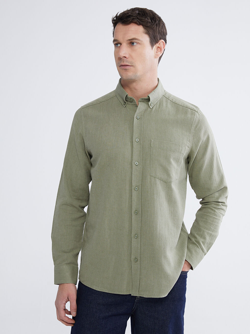 Yeşil Regular Fit Keten Karışımlı Erkek Gömlek