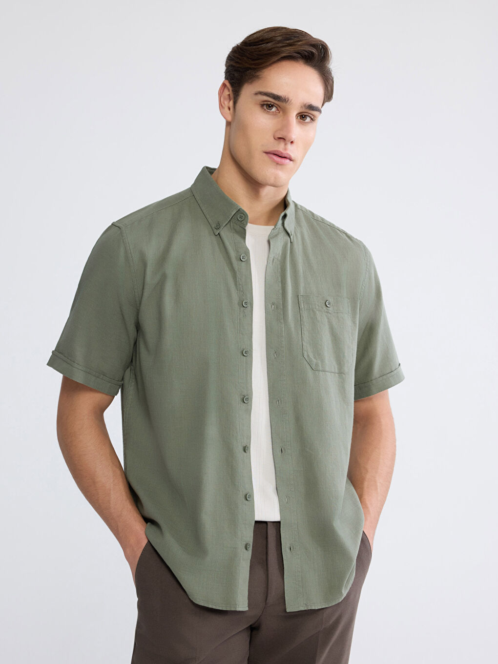 Haki Regular Fit Poplin Erkek Gömlek