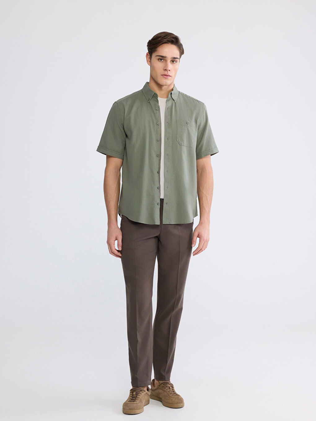 Haki Regular Fit Poplin Erkek Gömlek-1