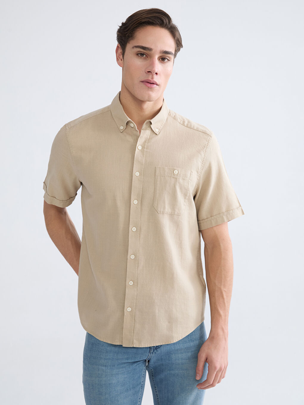 Bej Regular Fit Poplin Erkek Gömlek-1