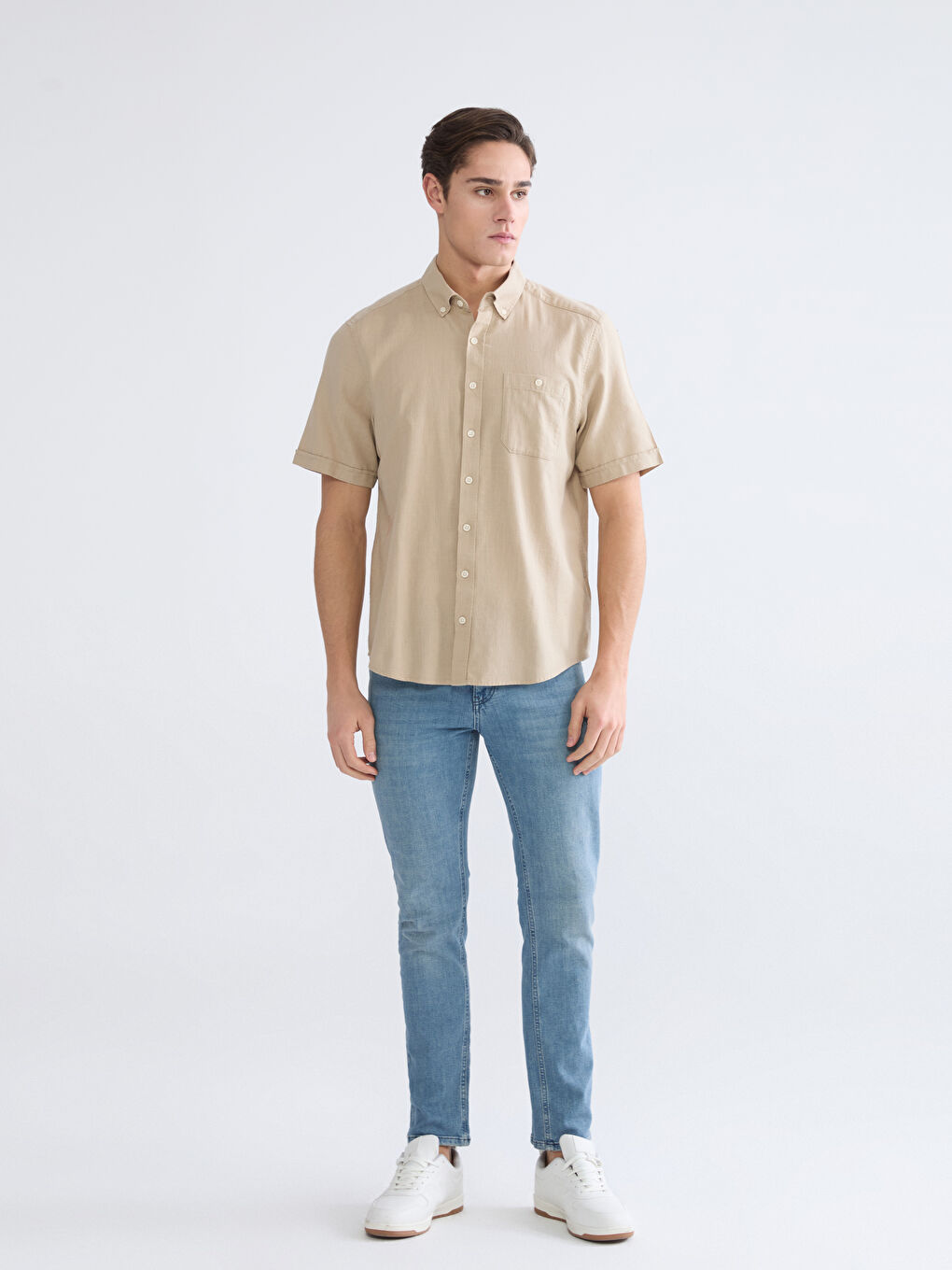 Bej Regular Fit Poplin Erkek Gömlek-2