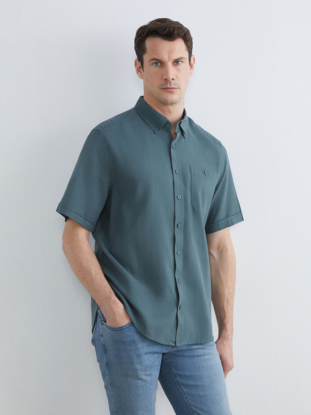 Yeşil Regular Fit Poplin Erkek Gömlek-1