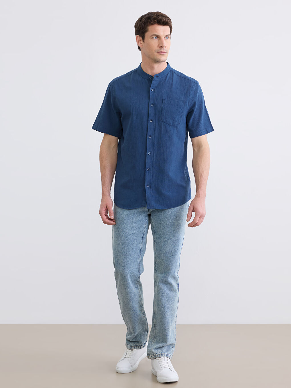 İndigo Regular Fit Keten Görünümlü Erkek Gömlek-1