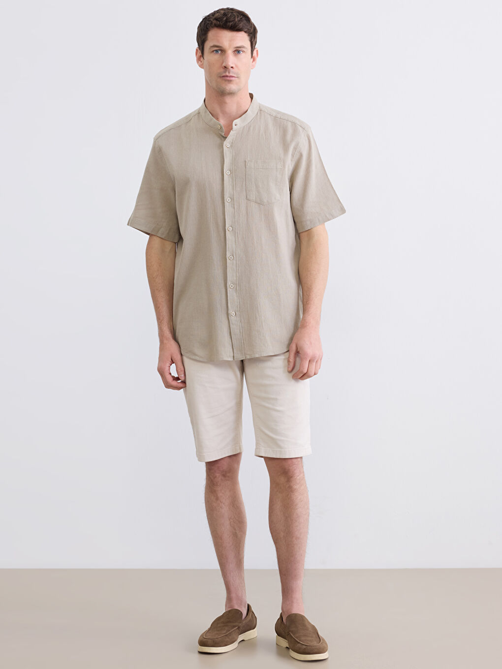 Bej Regular Fit Keten Görünümlü Erkek Gömlek-1