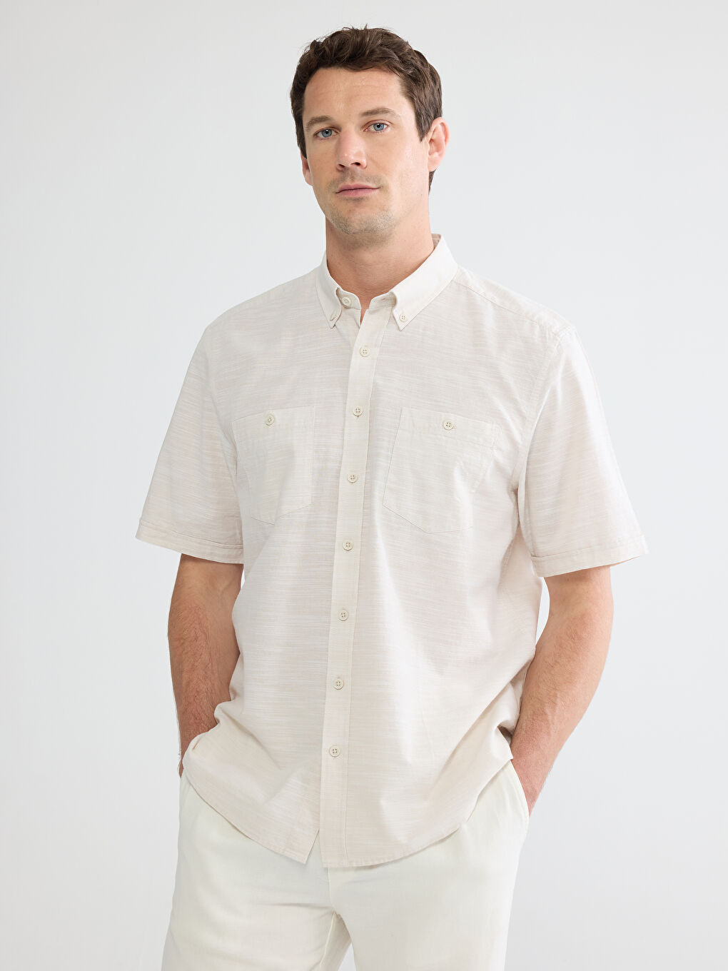 Bej Regular Fit Poplin Erkek Gömlek