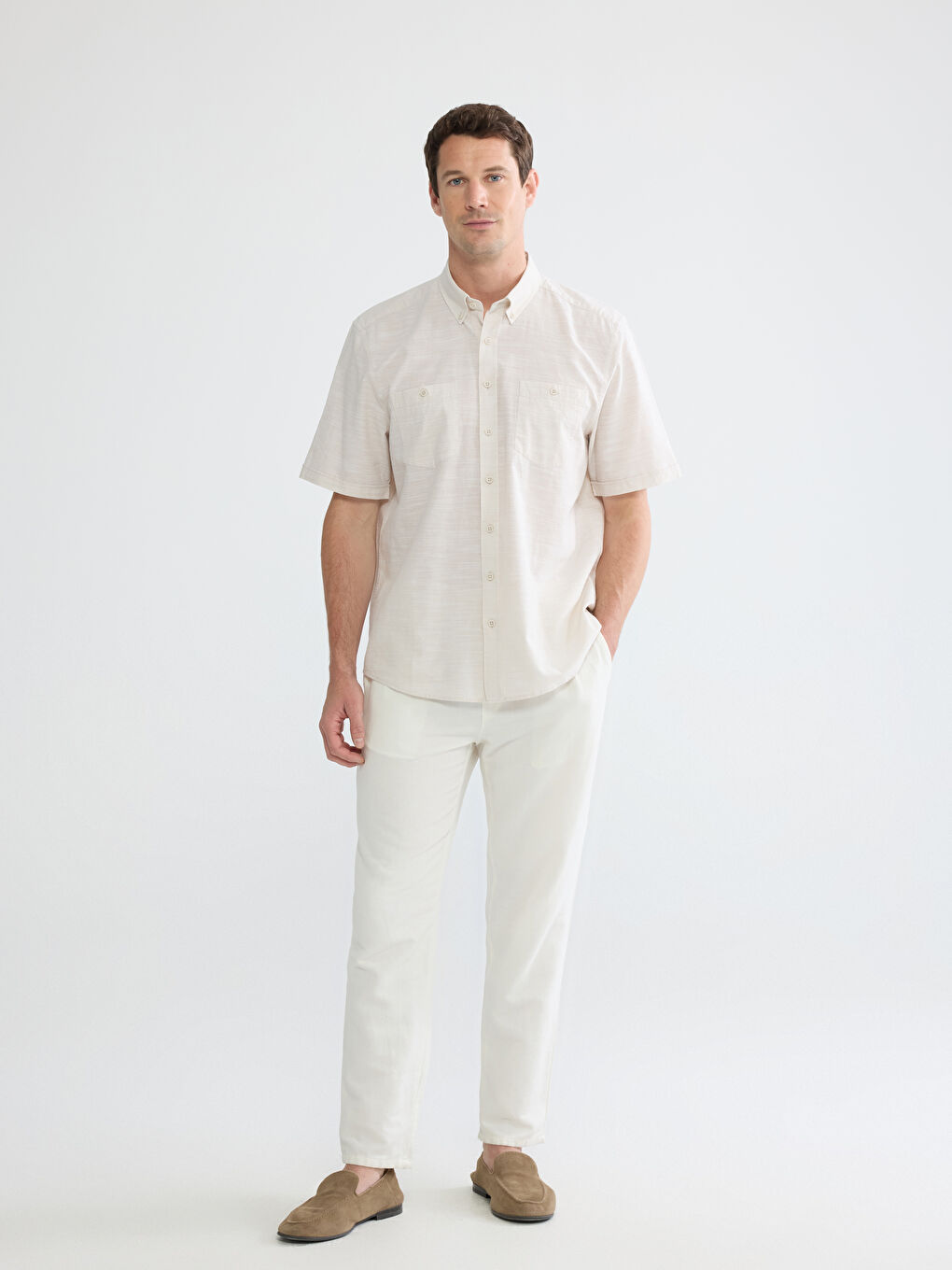 Bej Regular Fit Poplin Erkek Gömlek-1