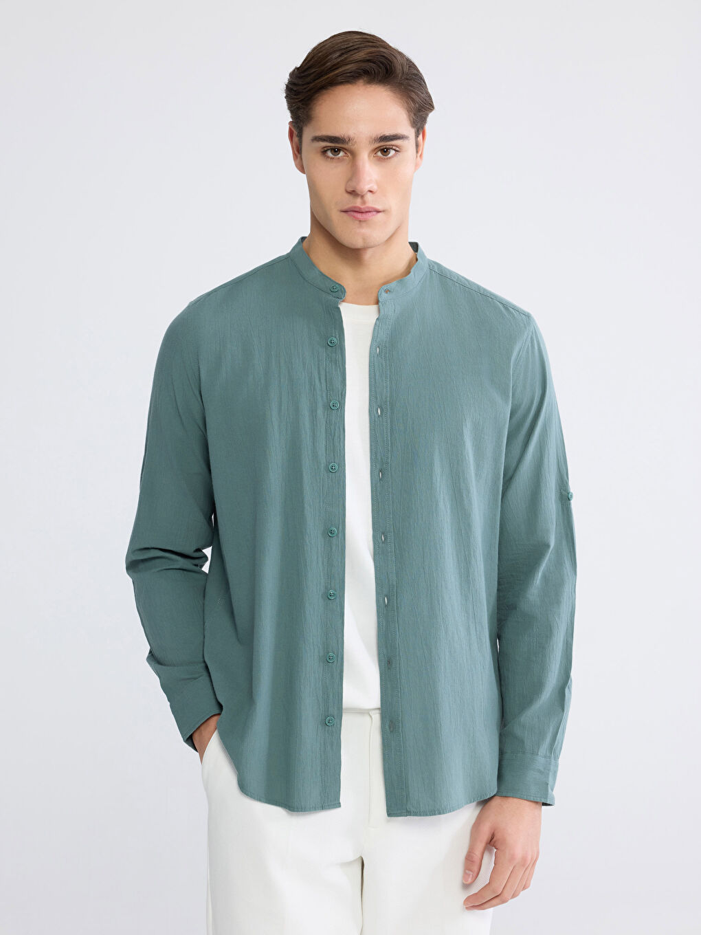 Звичайний крій зморшкувата плісирована сорочка для чоловіків-1