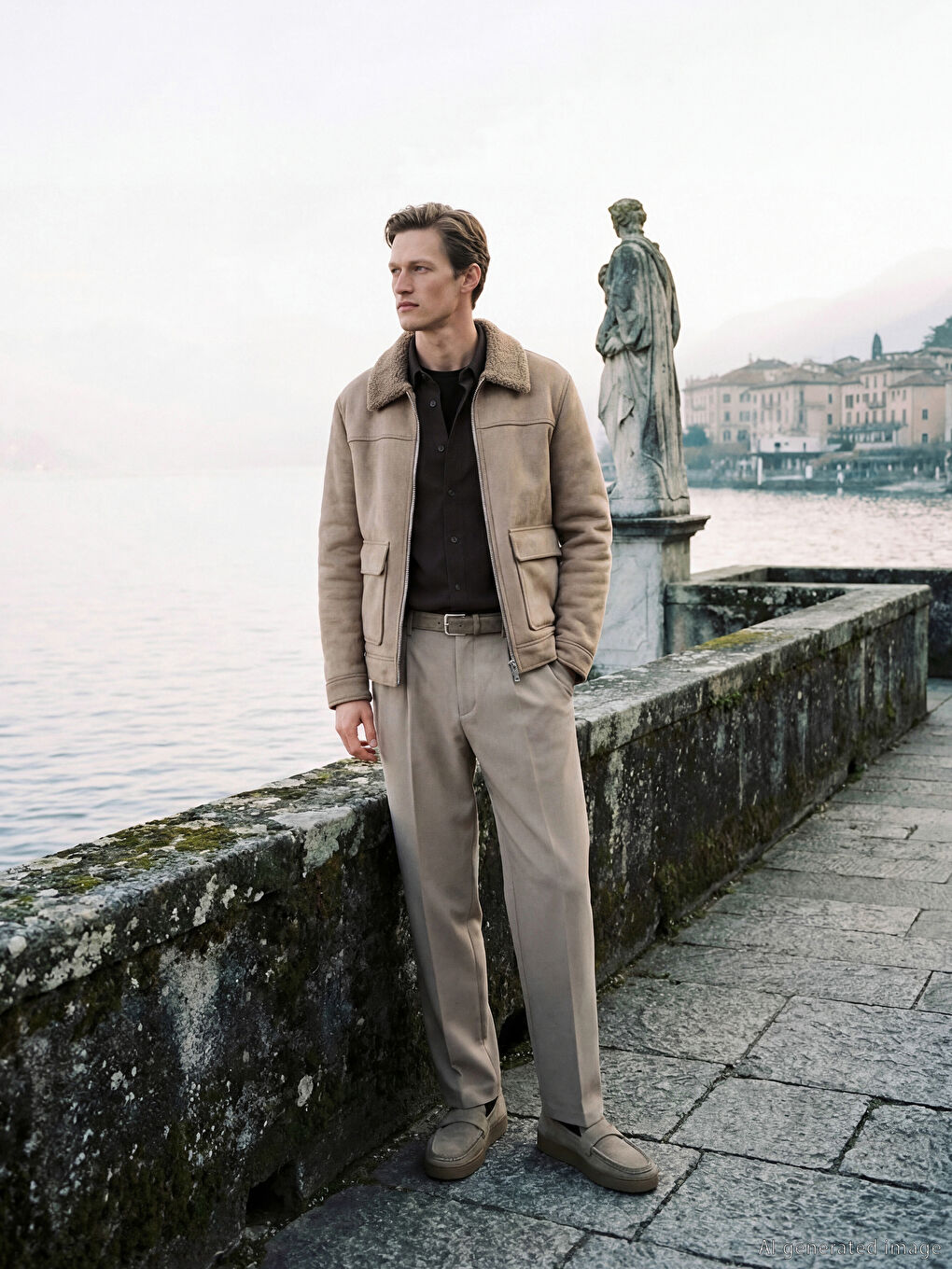 Bej Standart Kalıp Kürk Yaka Erkek Süet Mont-1