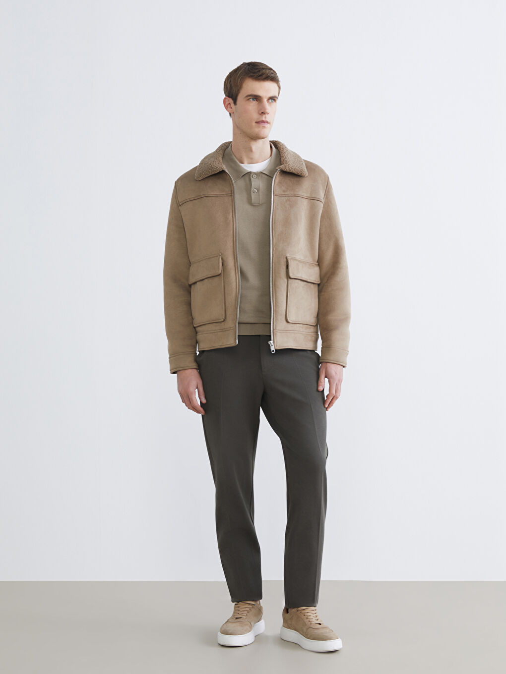 Bej Standart Kalıp Kürk Yaka Erkek Süet Mont-1