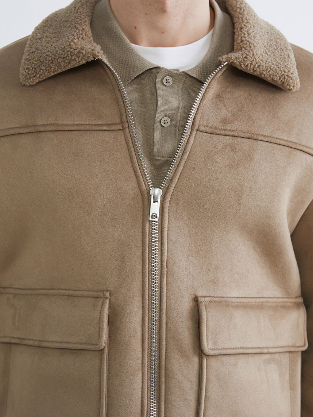 Bej Standart Kalıp Kürk Yaka Erkek Süet Mont-2