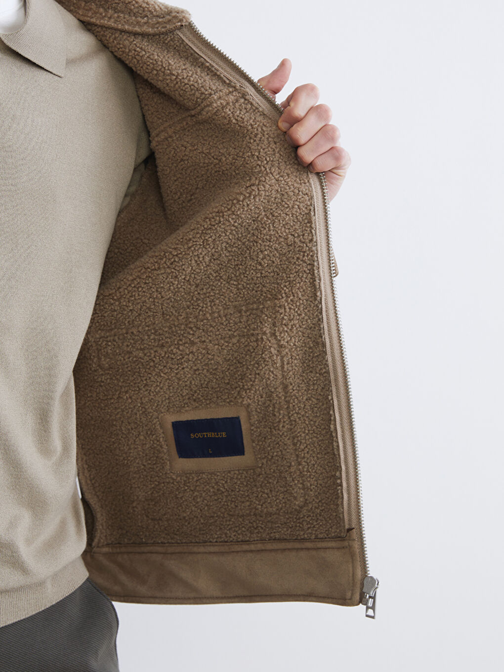 Bej Standart Kalıp Kürk Yaka Erkek Süet Mont-3