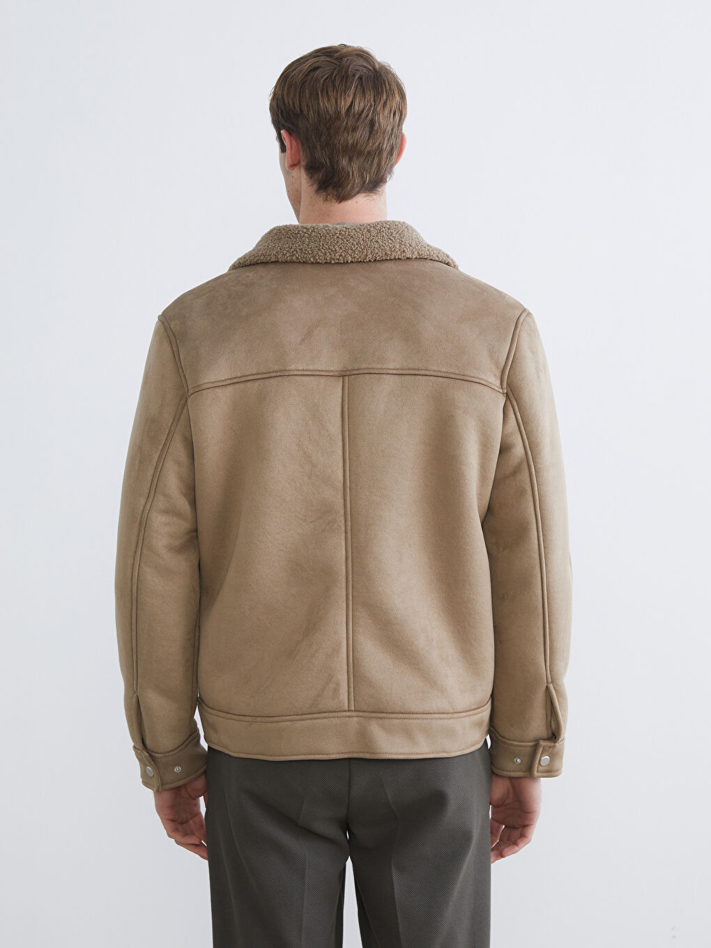 Bej Standart Kalıp Kürk Yaka Erkek Süet Mont-4