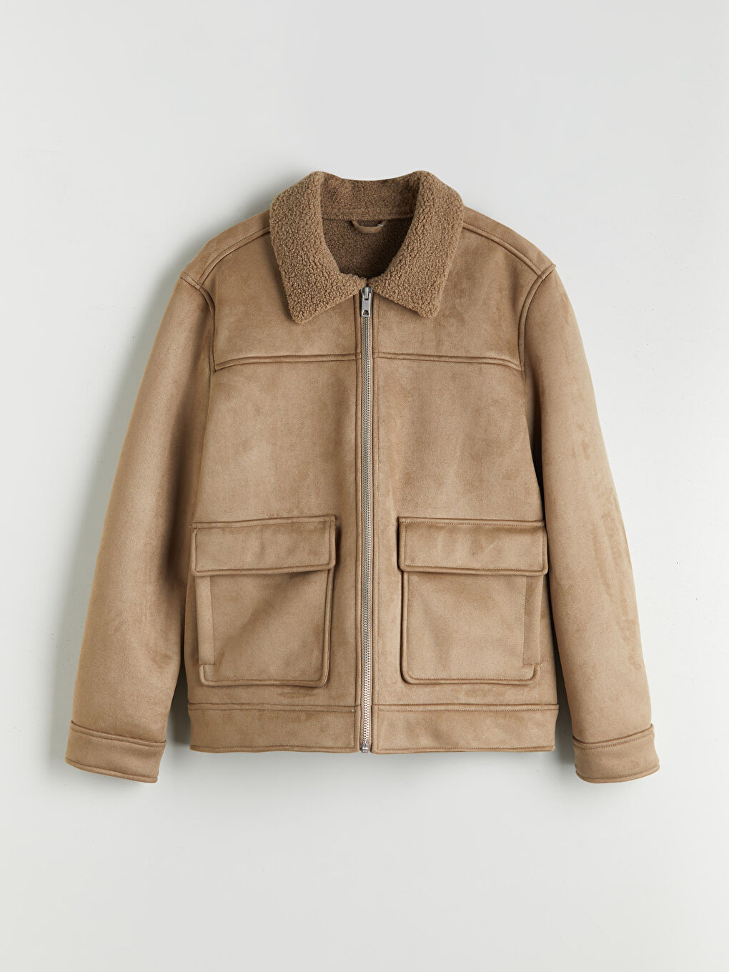 Bej Standart Kalıp Kürk Yaka Erkek Süet Mont-5