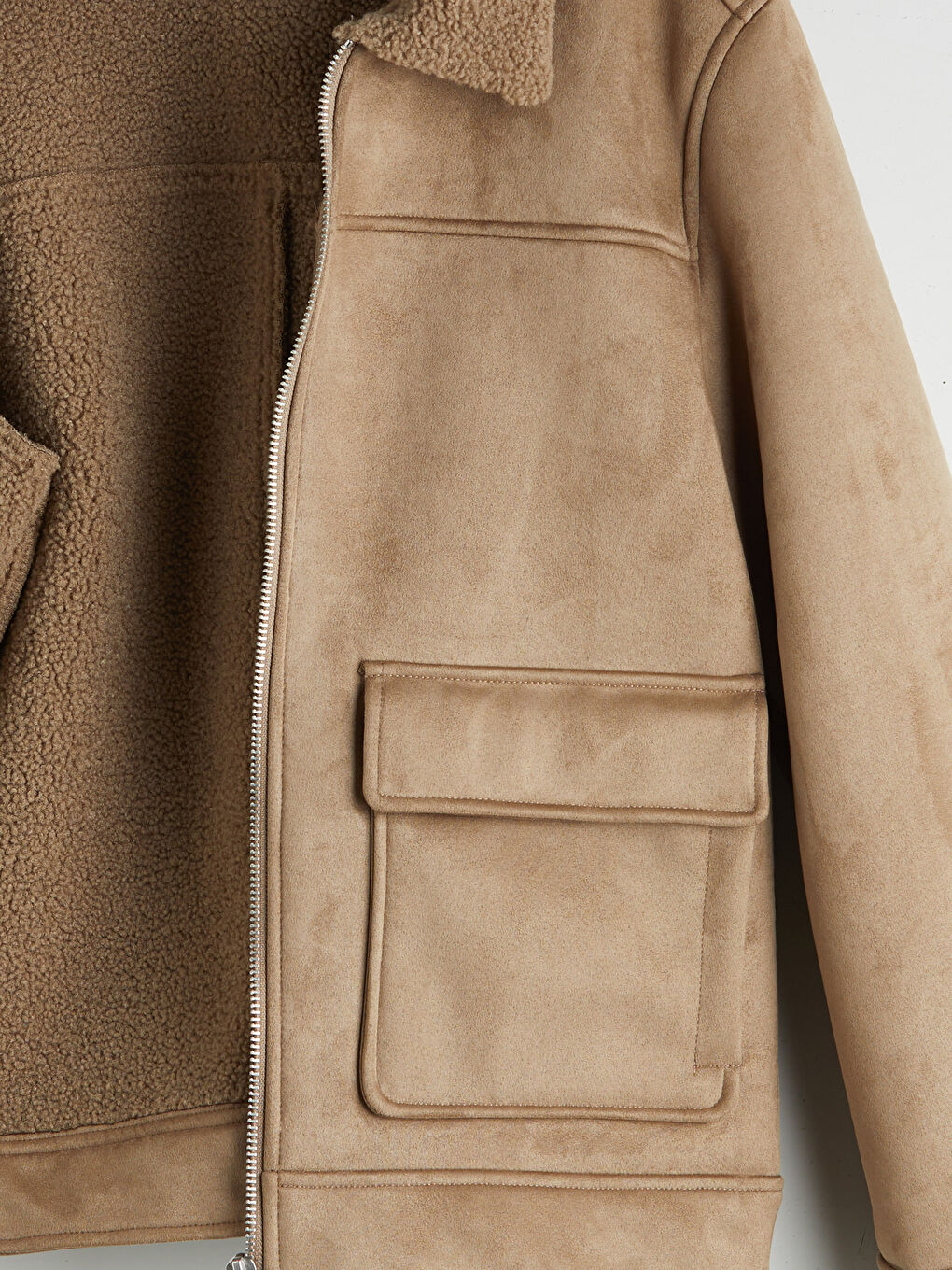 Bej Standart Kalıp Kürk Yaka Erkek Süet Mont-7