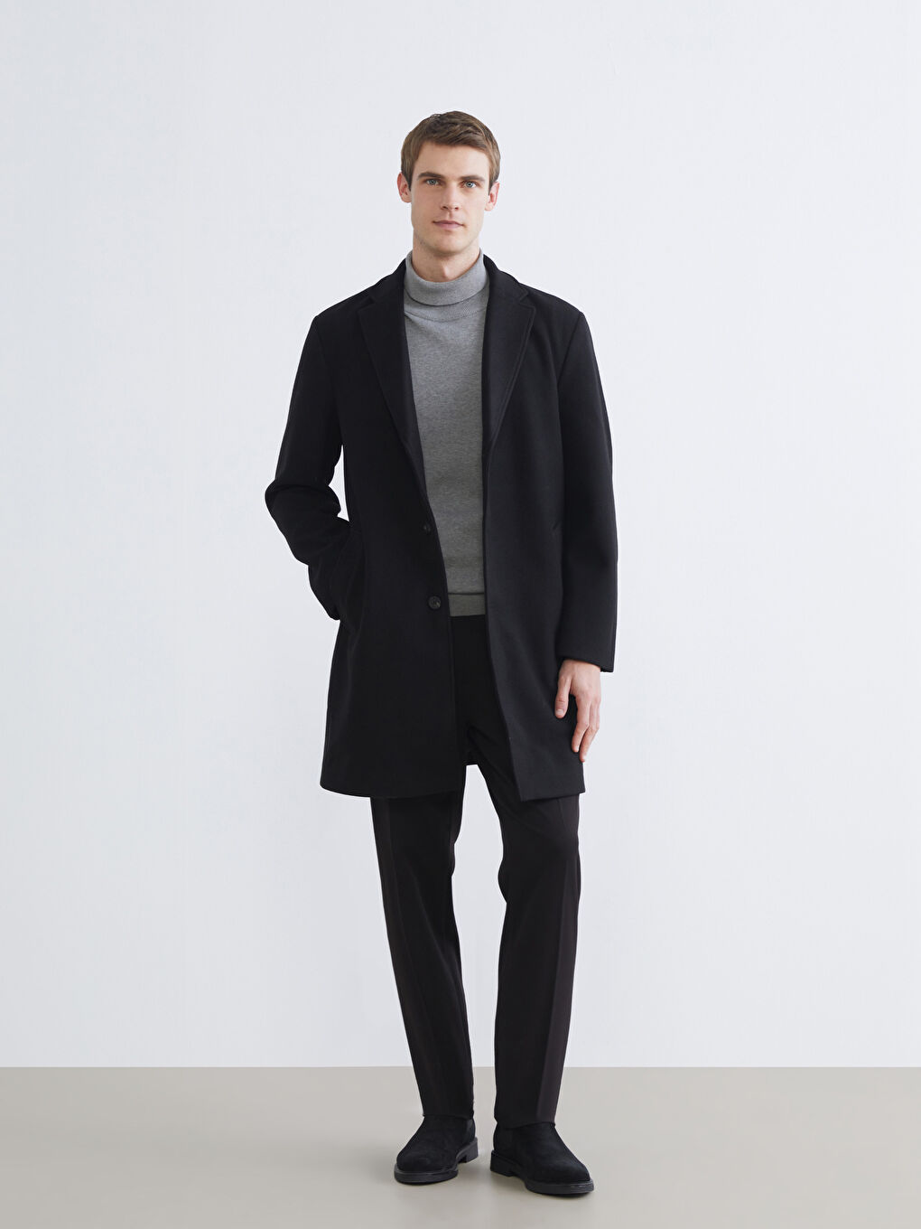 Siyah Standart Kalıp Ceket Yaka Erkek Kaşe Kaban-1