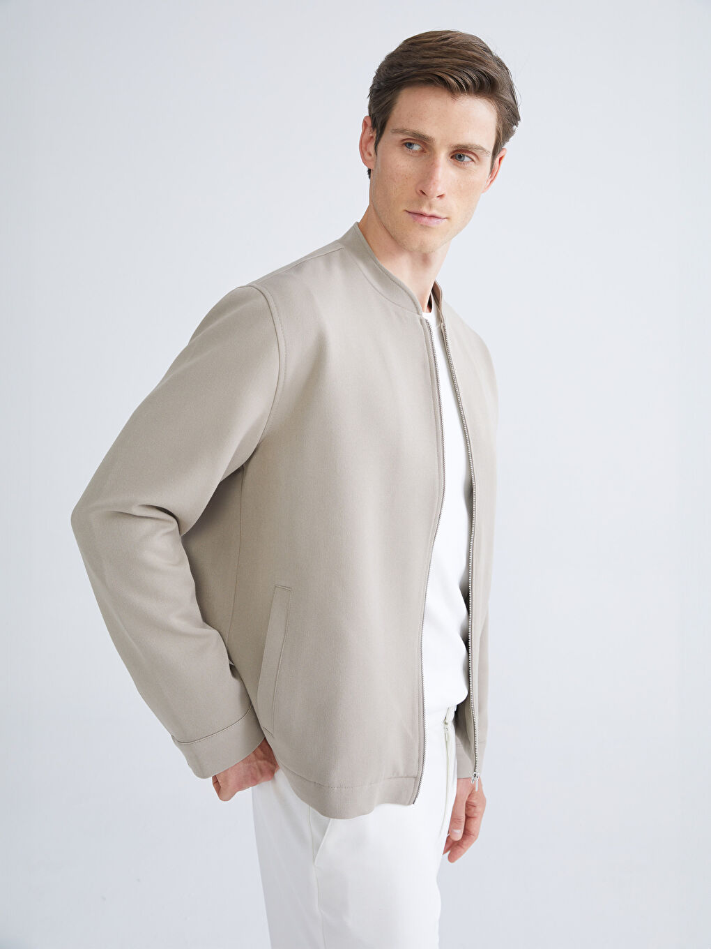 Bej Standart Kalıp Kolej Yaka Bomber Erkek Mont