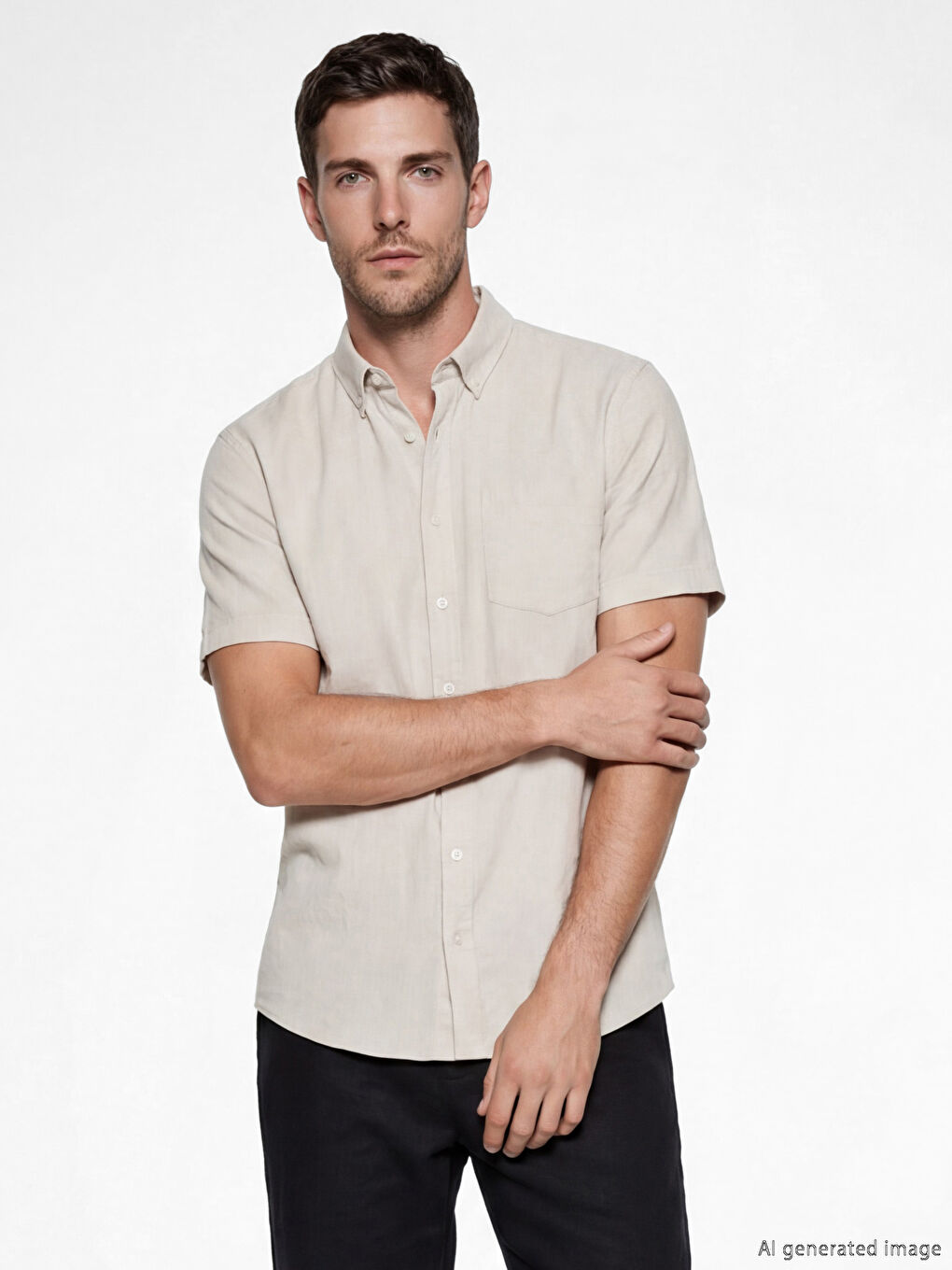 Bej Regular Fit Keten Karışımlı Erkek Gömlek