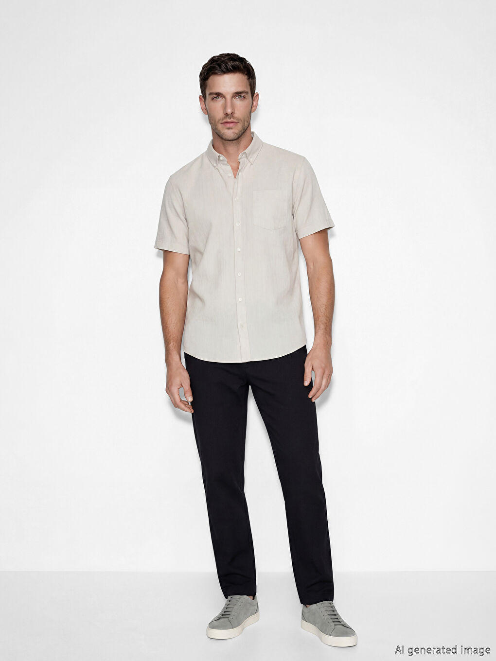 Bej Regular Fit Keten Karışımlı Erkek Gömlek-1