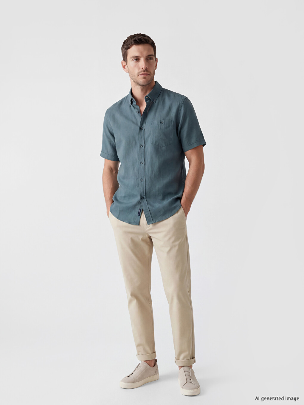 Yeşil Regular Fit Keten Karışımlı Erkek Gömlek-1