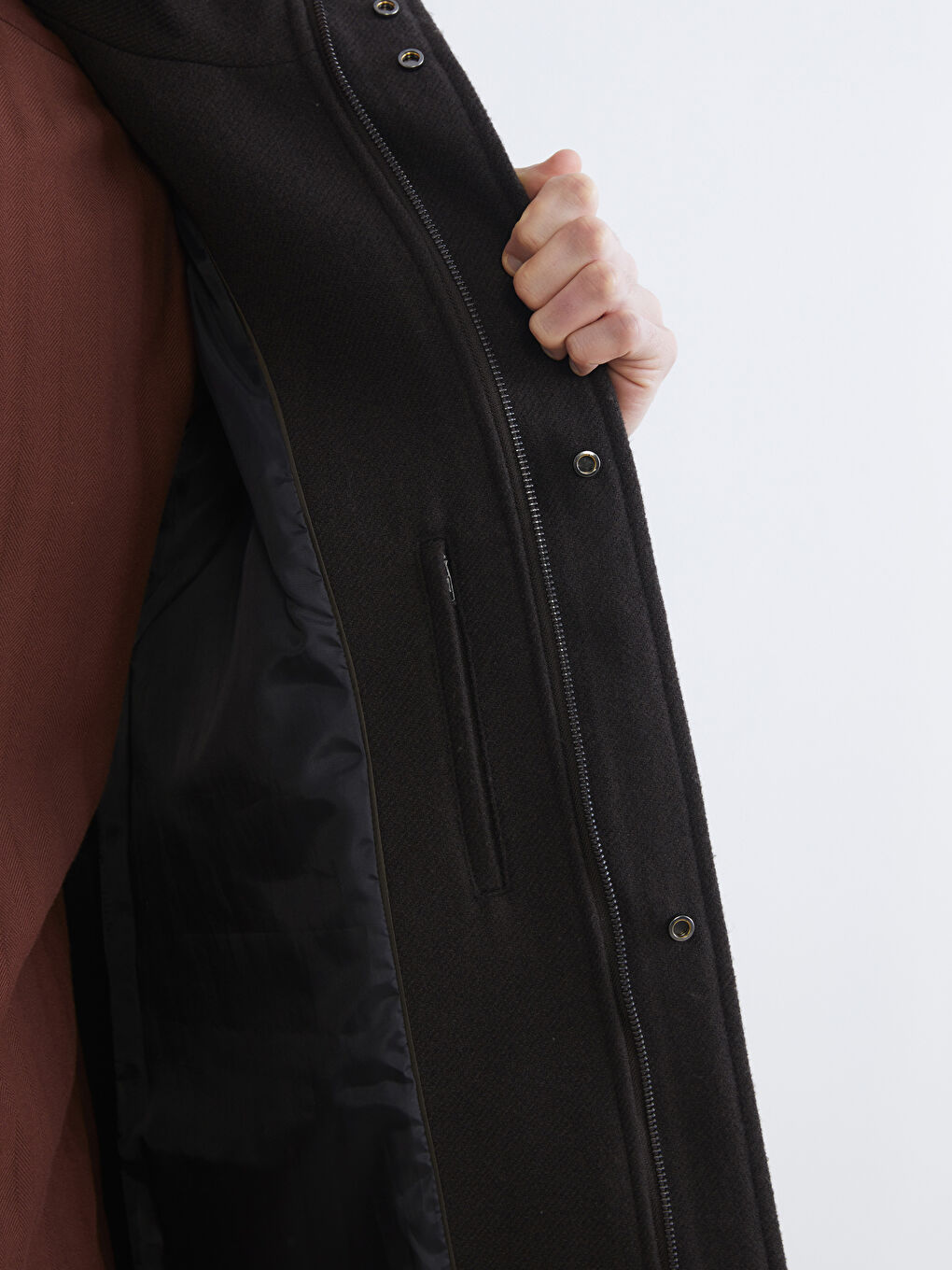 Kahverengi Standart Kalıp Dik Yaka Erkek Kaşe Kaban-3