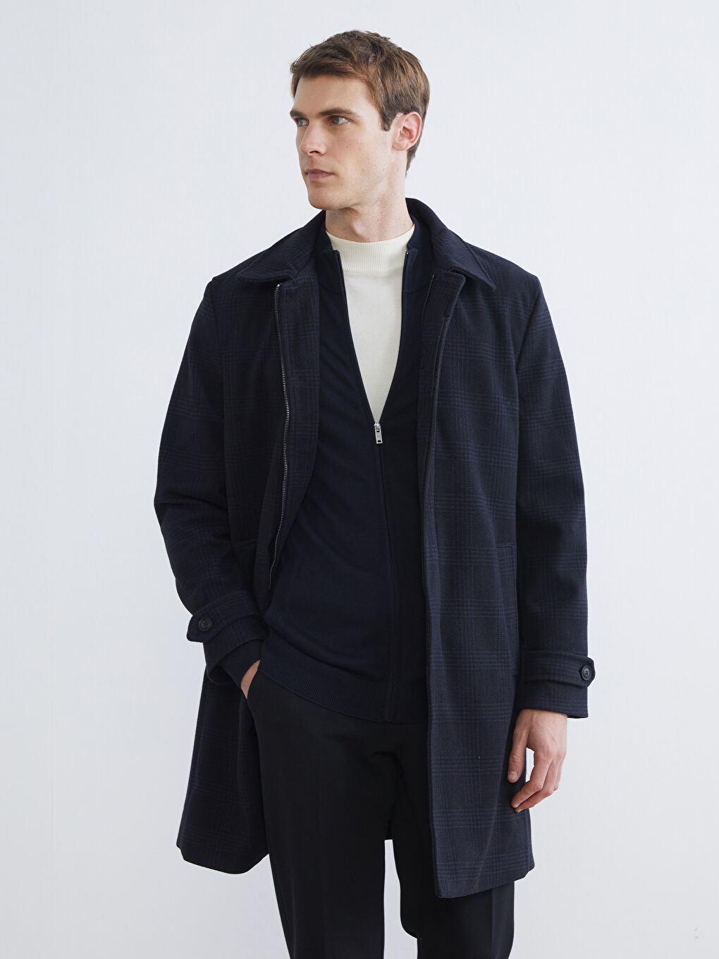 Lacivert Standart Kalıp Ceket Yaka Erkek Kaşe Kaban