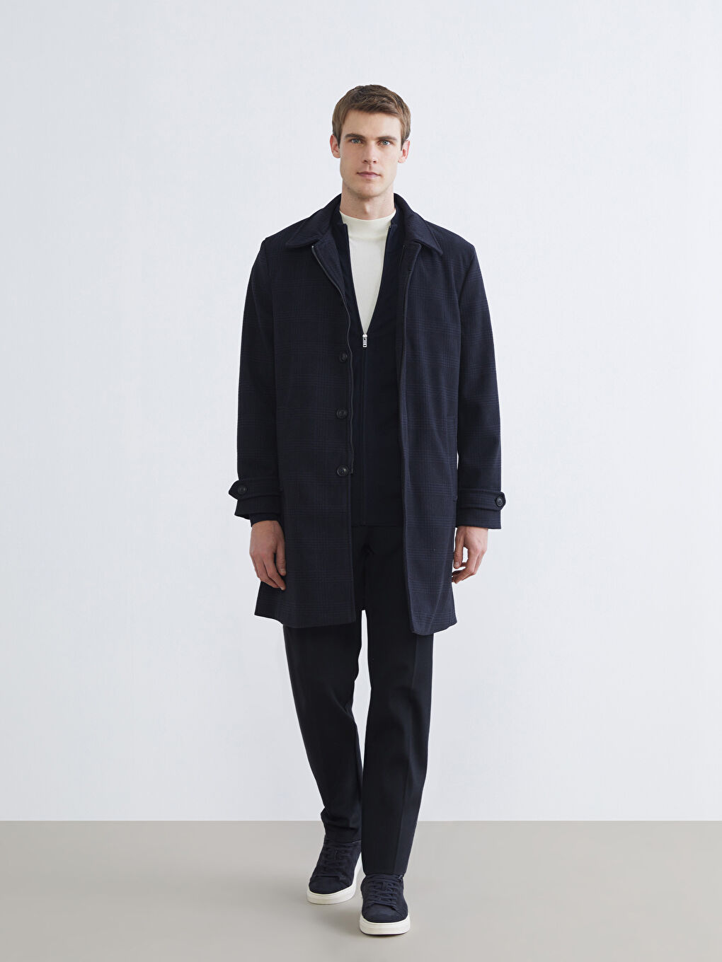 Lacivert Standart Kalıp Ceket Yaka Erkek Kaşe Kaban-1