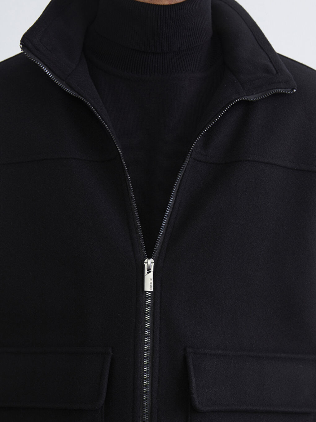 Siyah Standart Kalıp Dik Yaka Erkek Kaşe Mont-2