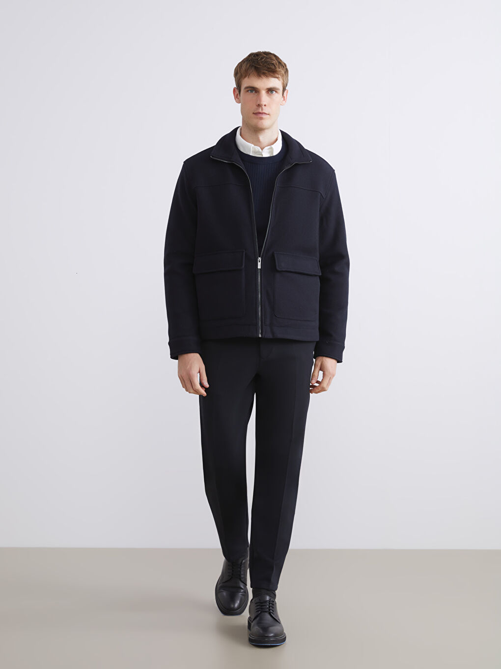 Lacivert Standart Kalıp Dik Yaka Erkek Kaşe Mont-1