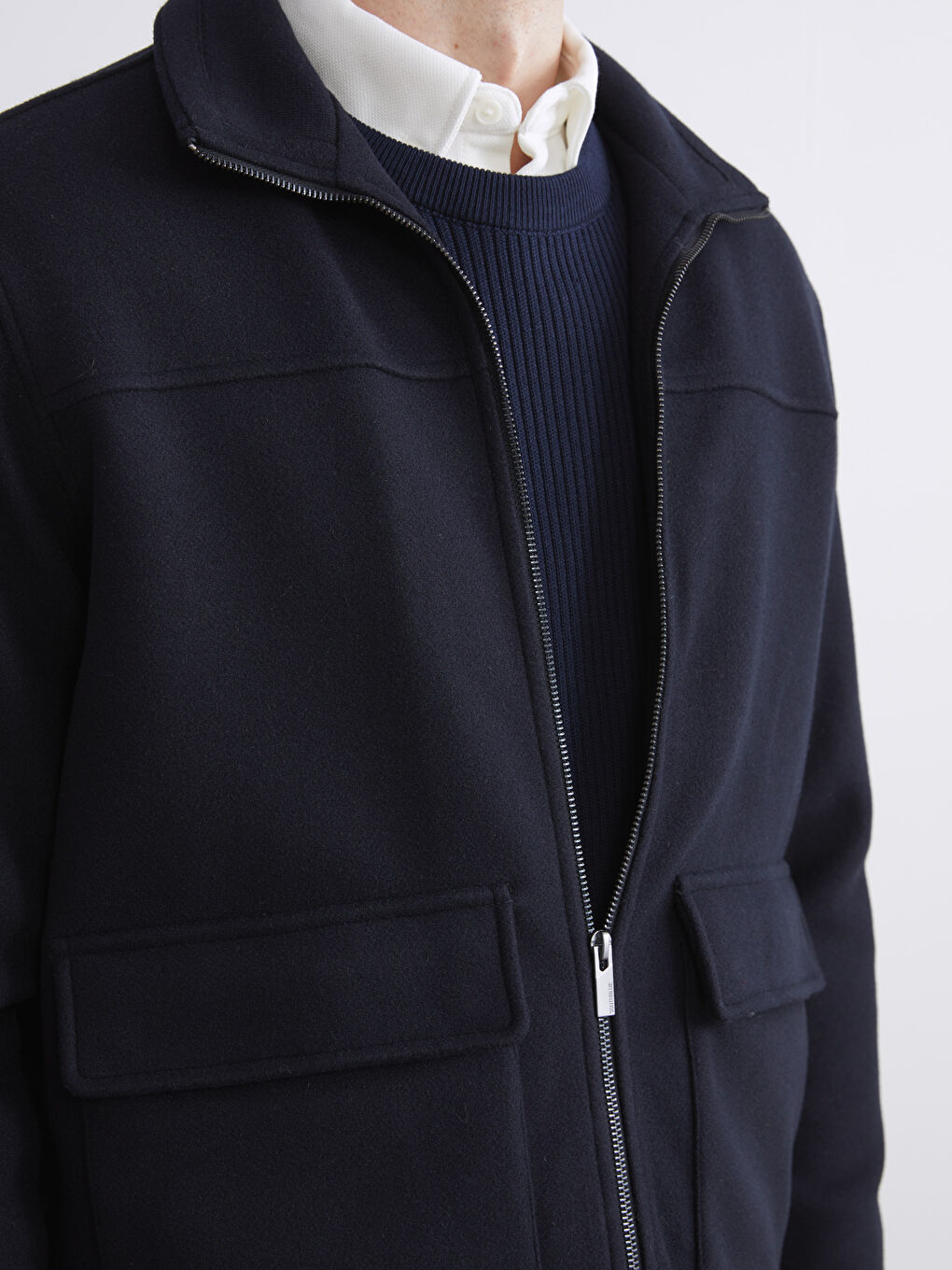 Lacivert Standart Kalıp Dik Yaka Erkek Kaşe Mont-2