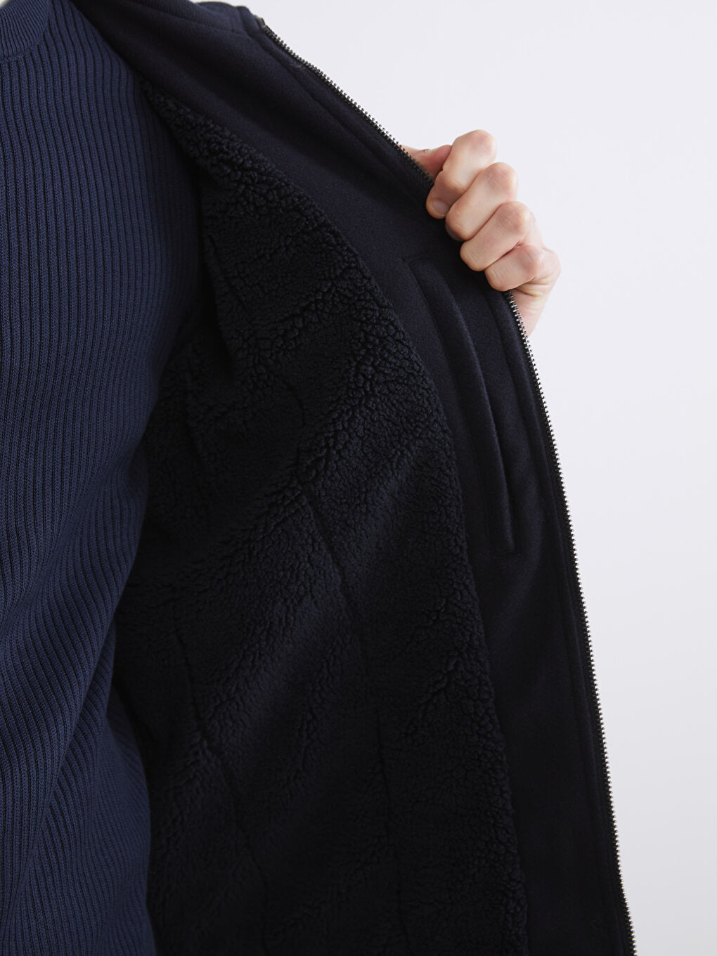 Lacivert Standart Kalıp Dik Yaka Erkek Kaşe Mont-3