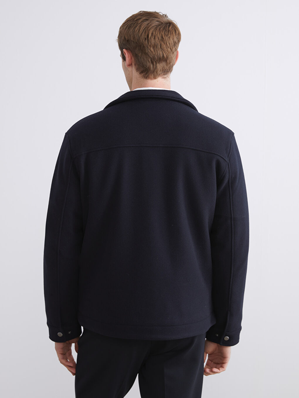 Lacivert Standart Kalıp Dik Yaka Erkek Kaşe Mont-4