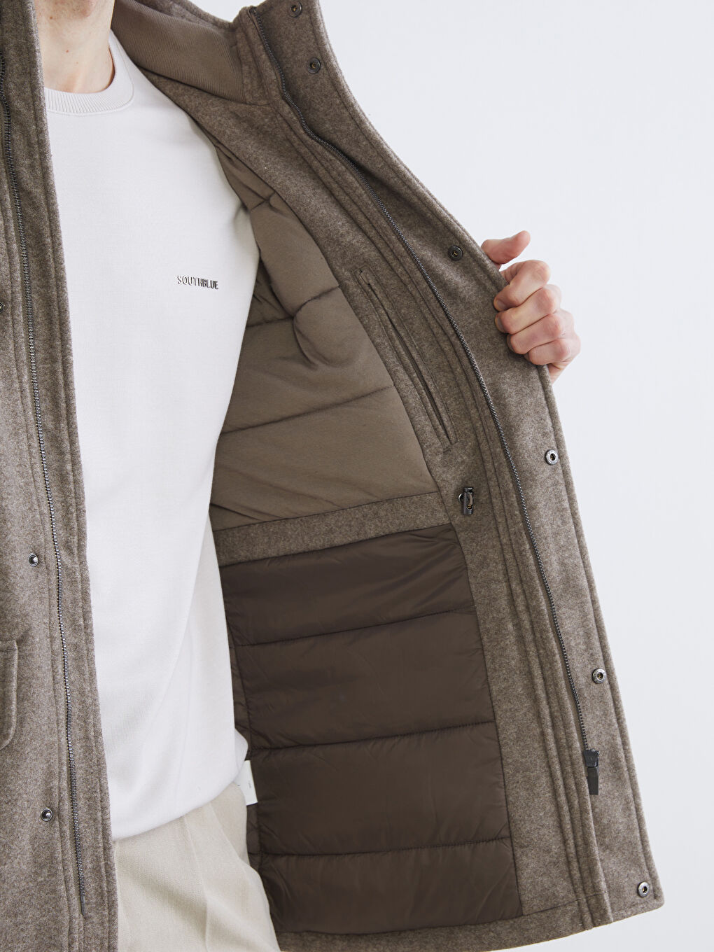 Bej Standart Kalıp Kapüşonlu Erkek Kaşe Mont-3